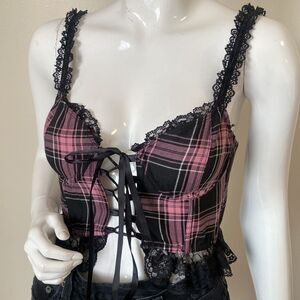 Dolls Kill Pink and Black Plaid Crop Top